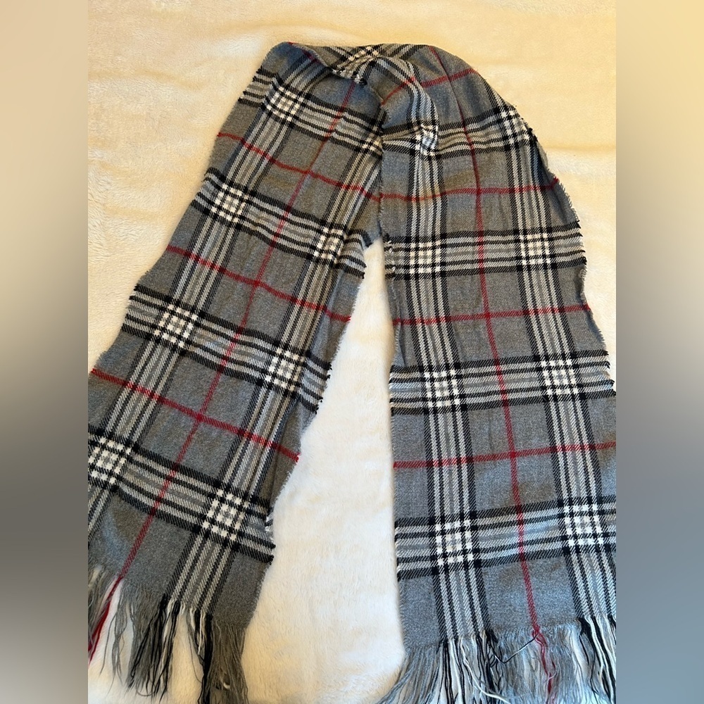 Gray Plaid Scarf with Red and White Accents